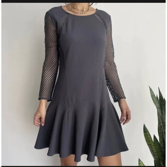 $425 Rebecca Taylor Sz 4 Gray Mesh Fishnet Fit and Flare Dress Skater Work - Picture 3 of 12